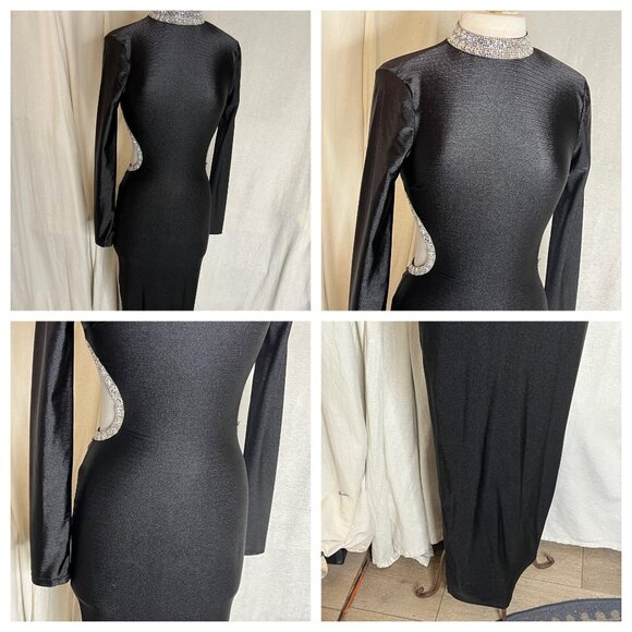 Fashion Nova Black Long Sleeve Backless Dress With Rhinestone Trim Evening  flaw - Picture 2 of 16